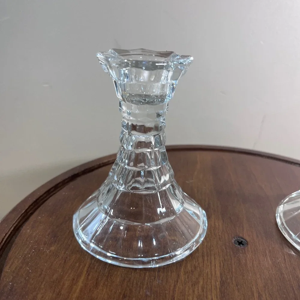 Vtg HOMCO Cubist Candlestick Holders Clear Pressed Glass Set of 2 MCM Decor